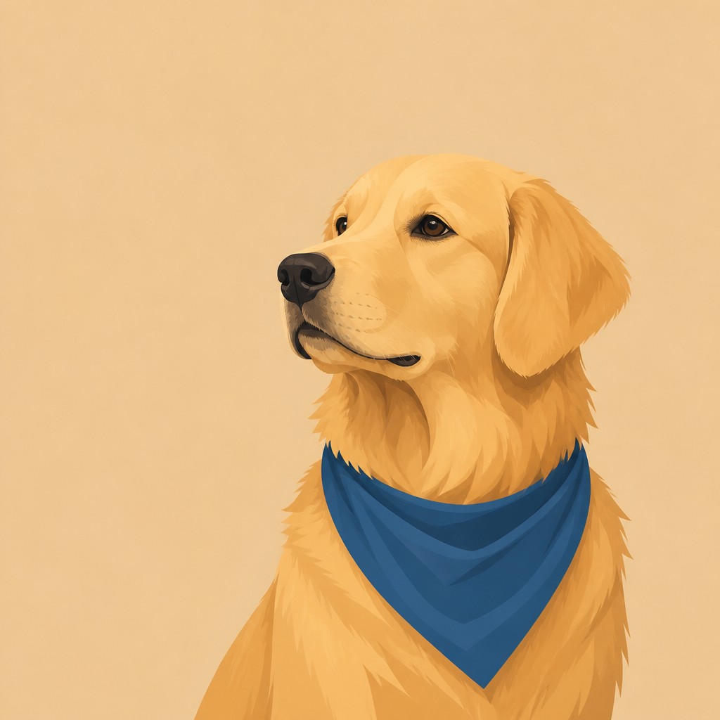 portrait of a golden retriever wearing a blue bandana, warm plain backdrop, no text