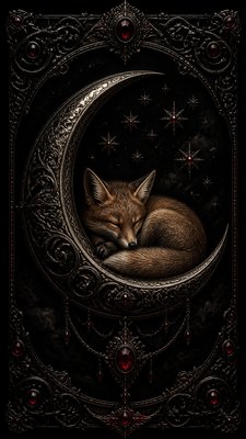 a sleeping baby fox curled on a crescent moon among soft stars, gentle and warm, no text
