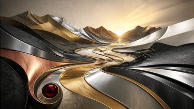 a vast valley with a river winding toward distant mountains at sunrise, no people, no text