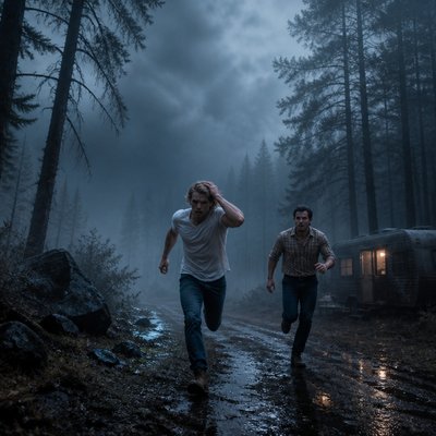 Ok tu me fait 2 personnages de roman , on va commencer avec un jeune homme la vaingtaine  tres beau il est blond, il passe sa main dans ses cheveux, on voit le biceps il est en T-shirt blanc avec un jean à côté de lui, il se trouve un autre un homme dans les 40 ans, et alors là je veux que tu les cheveux noirs bouclé, sur les côtés, il a pas de lunettes il est en chemise, un daddy pas de barbe, pas de moustache. il a l’air d’être écrivant ou maire physiquement, il ressemble à tom loftis de widow bay , il a une chemise un peu démodé genre beige à carreaux  et je veux que par rapport à l’image, il soit vraiment tout en bas genre un vrai roman quoi les deux personnages sont vus de loin en bas avec une ambiance énorme , mais qu’il soit un minimum visible, genre que je puisse voir leurs yeux Une ambiance assez froide avec un brouillard glaçant autour d’eux une forêt, un caravane je sais pas une ambiance vraiment inquiétante et vraiment je veux une ambiance comme si on parlait d’un roman genre le blond au milieu. On dirait qu’il court tous les deux ou qu’il fuit comme dans sa roman. En fait derrière eux l’ambiance angoissante ils sont devant.
