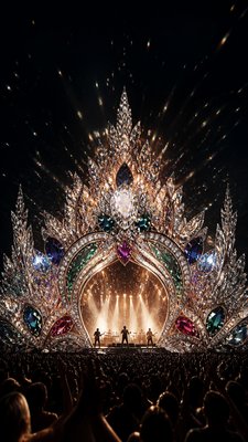 a live music scene with a glowing stage and silhouetted crowd, energetic vertical composition with open space at the top, no text