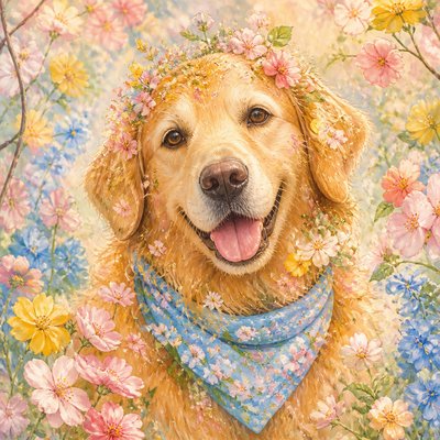 portrait of a golden retriever wearing a blue bandana, warm plain backdrop, no text