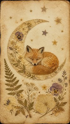 a sleeping baby fox curled on a crescent moon among soft stars, gentle and warm, no text