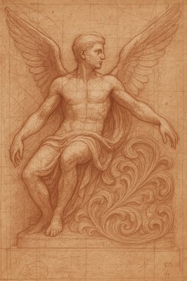 a drawing of a man sitting on top of a table