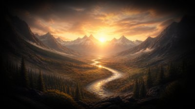 a vast valley with a river winding toward distant mountains at sunrise, no people, no text
