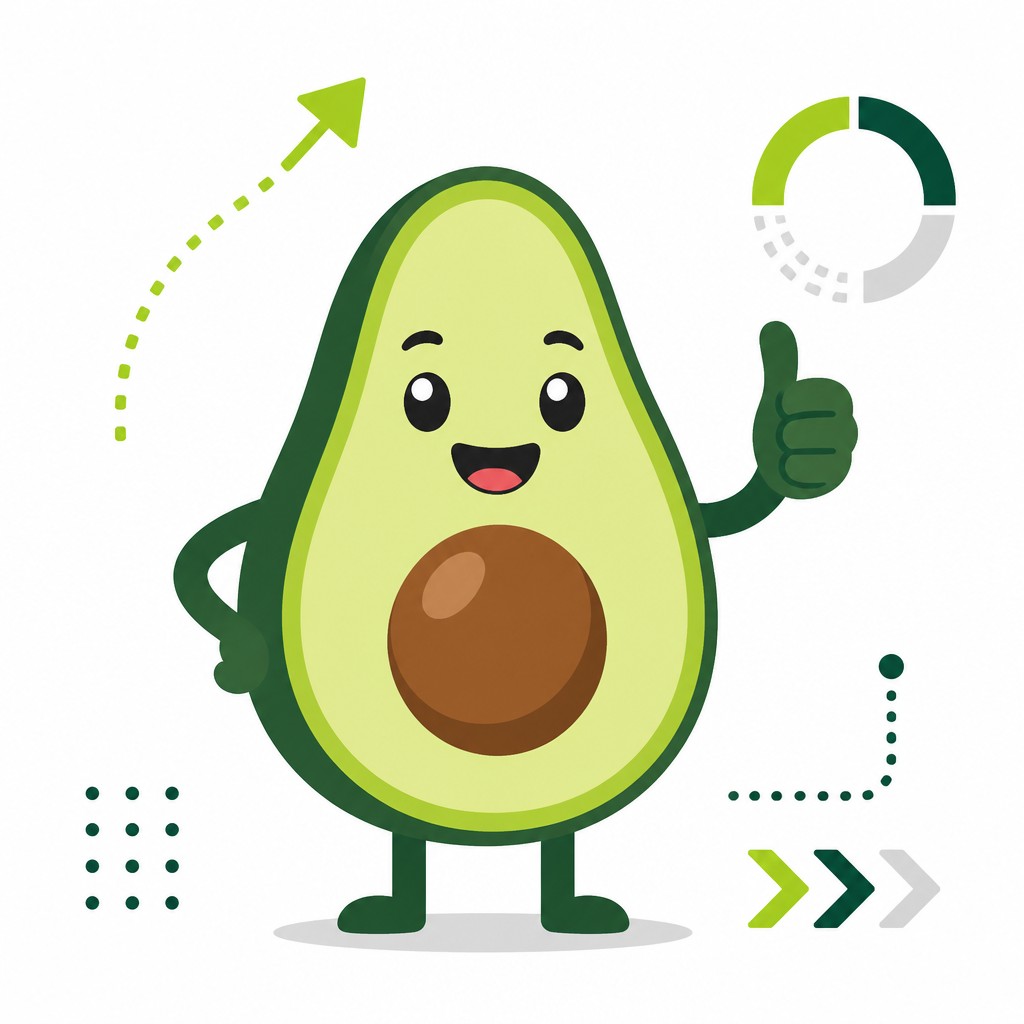 a happy avocado character giving a thumbs up, bold readable design on a plain background, no text