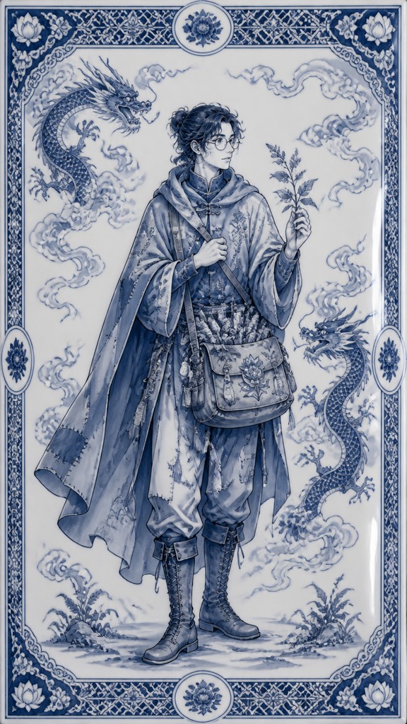 full-body original character: a wandering botanist with a satchel of plants, a patched green cloak, tall boots and round glasses, neutral background