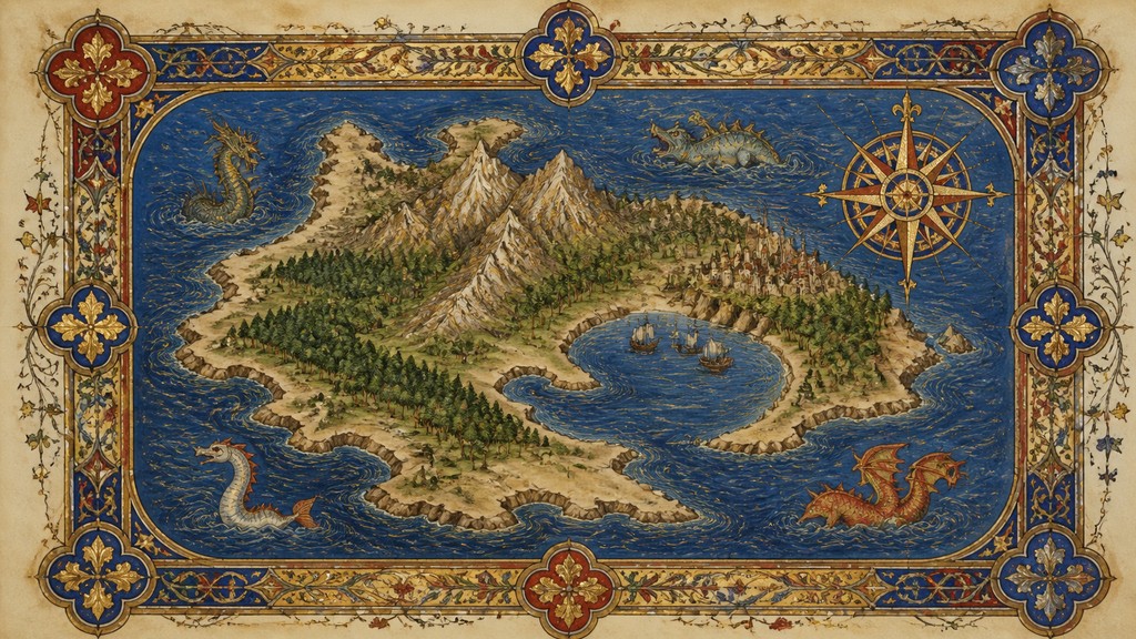 a map of an island realm with mountains, forests, a sheltered bay, sea monsters in the water and a compass rose, no text labels