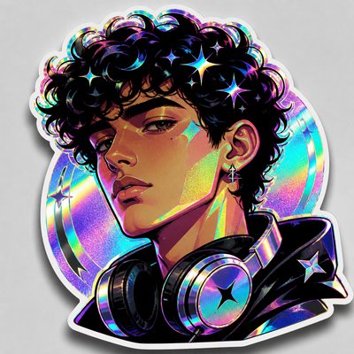 head-and-shoulders portrait of an original character: a young man with curly dark hair and headphones around his neck, plain backdrop, no text