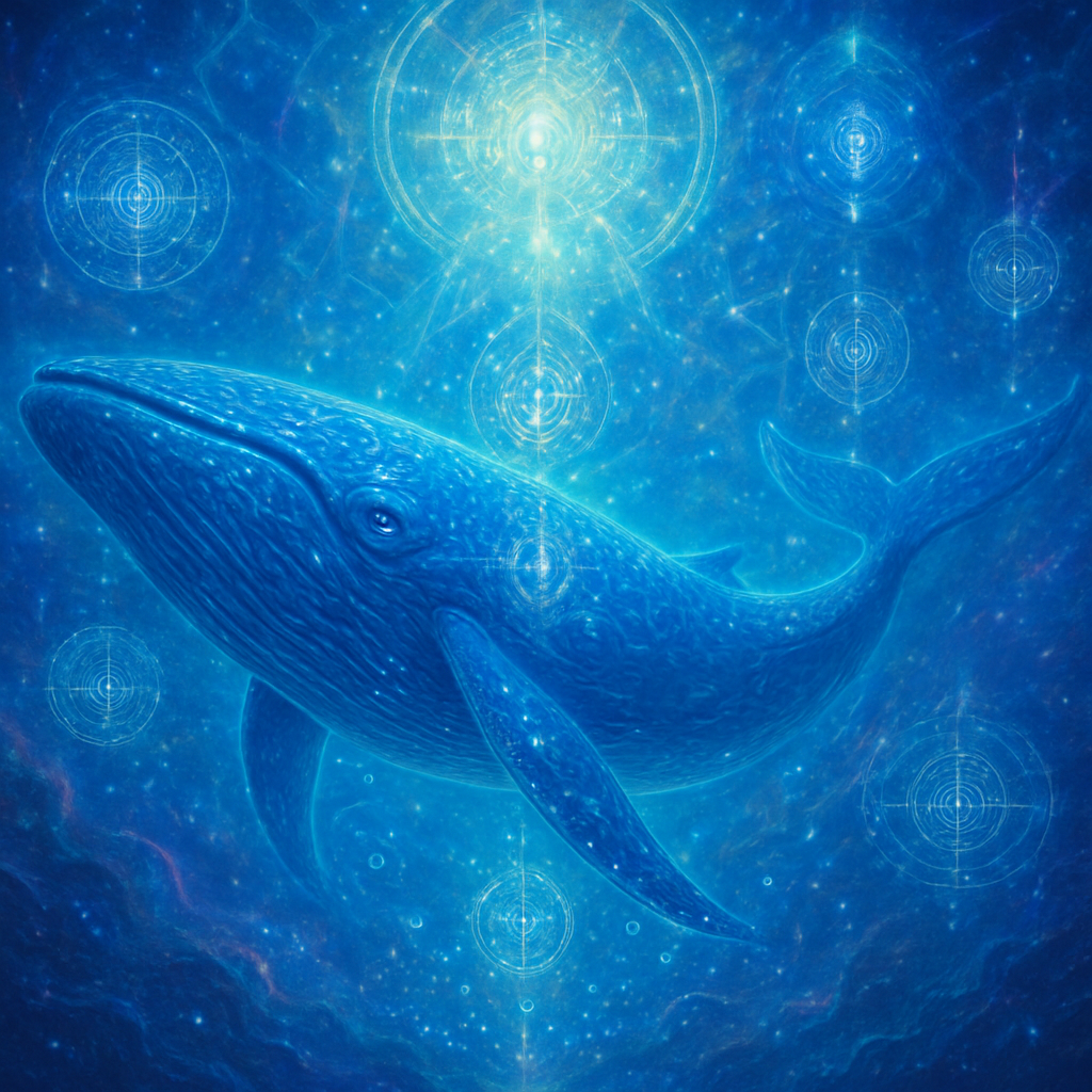 a majestic blue whale gliding, glowing deep blues and silvers, soft sunlight from above, glistening delicate bubbles.