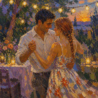 an original couple dancing under string lights in a garden at dusk: a man with short black hair in a linen shirt and a woman with braided red hair in a summer dress