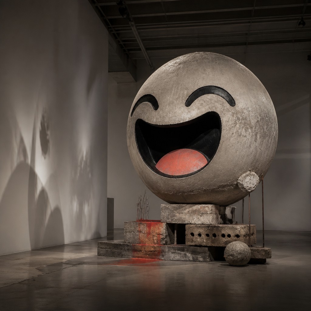 an exaggerated laughing face of an original round mascot character, bold and readable at small size, plain background, no text