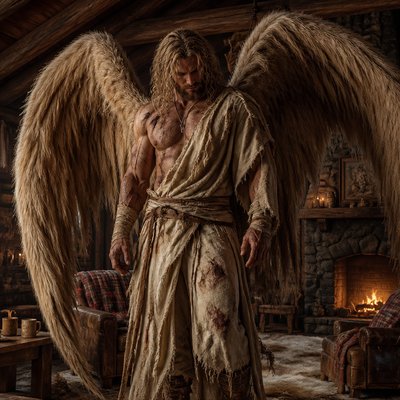 Fais moi un dieu blond et fort avec une barbe il a des ailes immenses en poiles et non en plume , il est habillé en beige dés vetement usée comme si il etait blesser ou en fuite