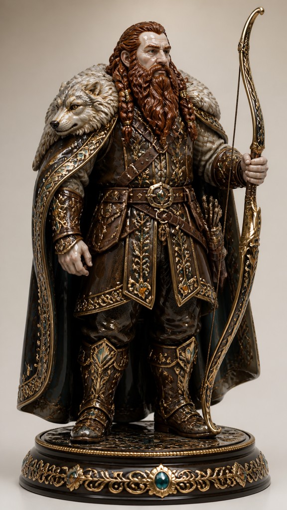 full-body original character: a dwarven ranger with a braided auburn beard, worn leather armor, a longbow and a wolf-pelt cloak, neutral background, no text