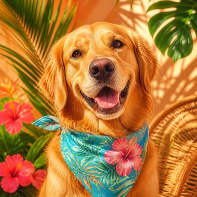portrait of a golden retriever wearing a blue bandana, warm plain backdrop, no text