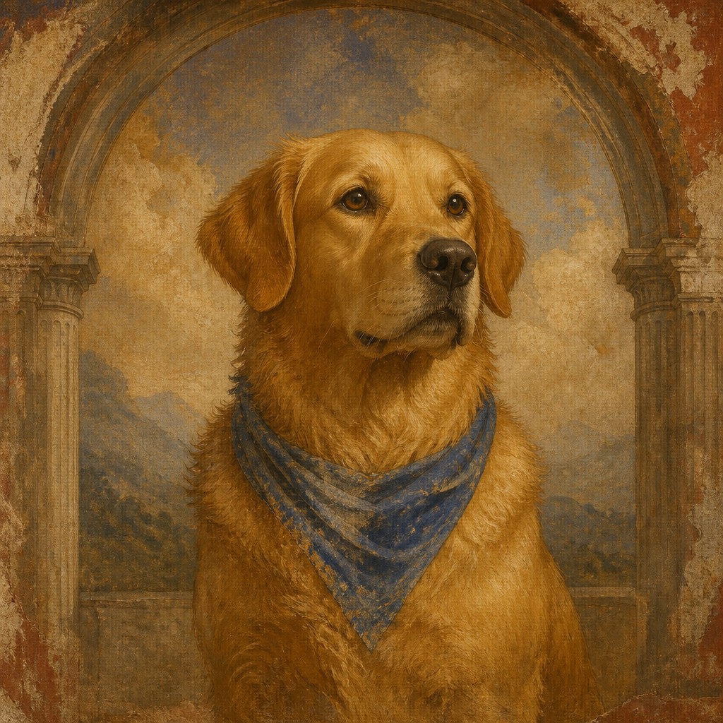 portrait of a golden retriever wearing a blue bandana, warm plain backdrop, no text