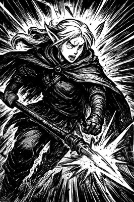 a black and white drawing of a woman with a sword