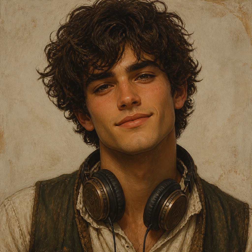 head-and-shoulders portrait of an original character: a young man with curly dark hair and headphones around his neck, plain backdrop, no text