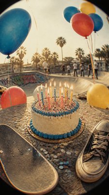 a birthday cake with lit candles surrounded by balloons and confetti, festive vertical composition, no text
