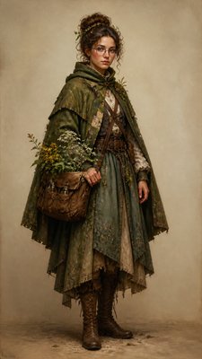 full-body original character: a wandering botanist with a satchel of plants, a patched green cloak, tall boots and round glasses, neutral background