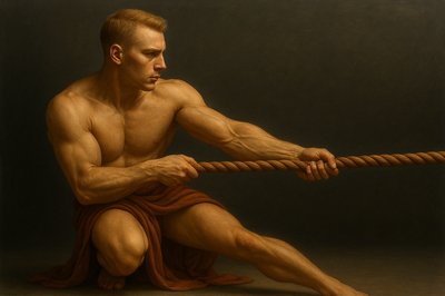 a painting of a man holding a rope