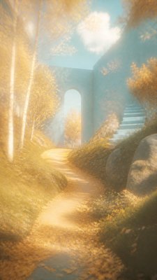 a winding forest path in golden autumn light, no people