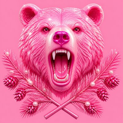 a roaring bear head above crossed pine branches, bold graphic composition on a plain background, no text