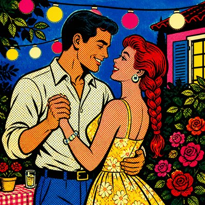 an original couple dancing under string lights in a garden at dusk: a man with short black hair in a linen shirt and a woman with braided red hair in a summer dress