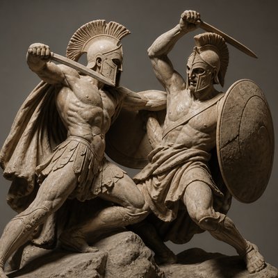 two ancient greek warriors fighting with swords