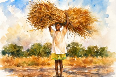 a painting of a man carrying a bundle of hay on his head