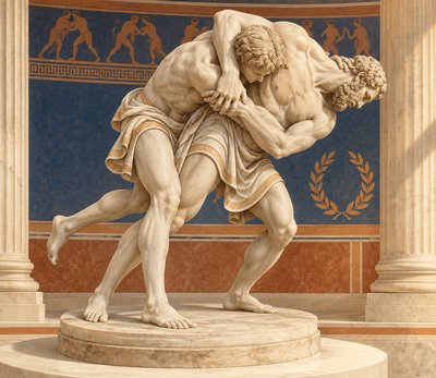 a statue of two men fighting each other