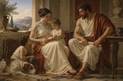 greco-roman parents at home with their children
