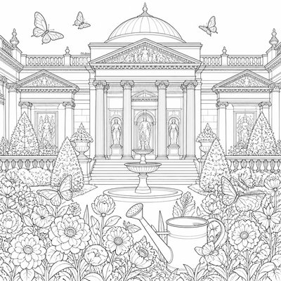 a garden scene with butterflies, flowers and a watering can, clean uncolored line art, no text