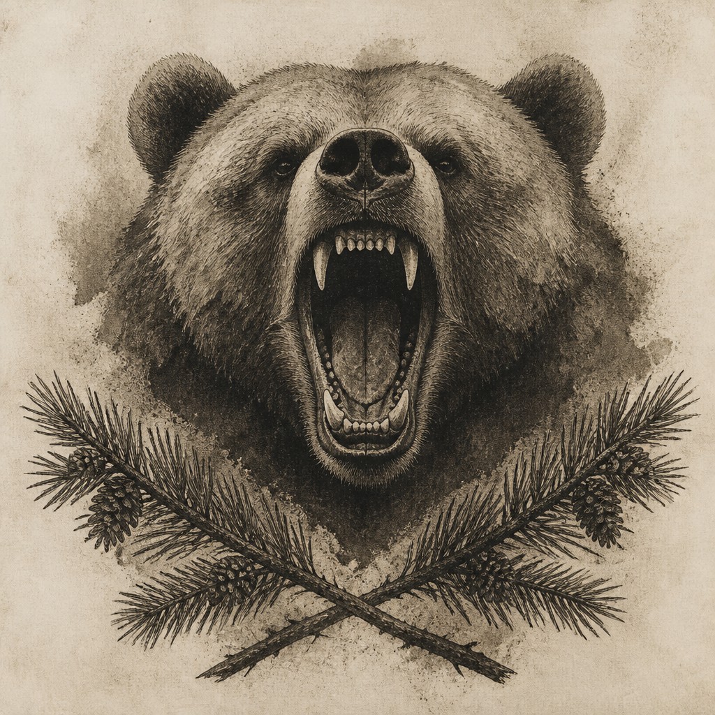 a roaring bear head above crossed pine branches, bold graphic composition on a plain background, no text