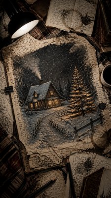 a snow-covered cottage with warm glowing windows beside a decorated pine tree, gentle snowfall, no text