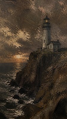 a lone lighthouse on a cliff at dusk under a dramatic sky, no text or lettering