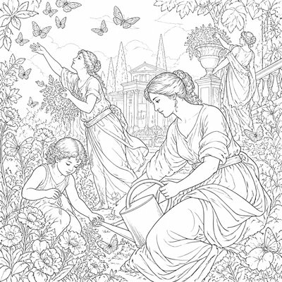 a garden scene with butterflies, flowers and a watering can, clean uncolored line art, no text