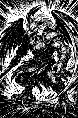 a black and white drawing of a demon