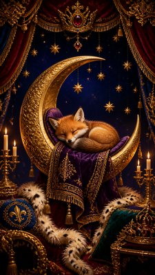 a sleeping baby fox curled on a crescent moon among soft stars, gentle and warm, no text
