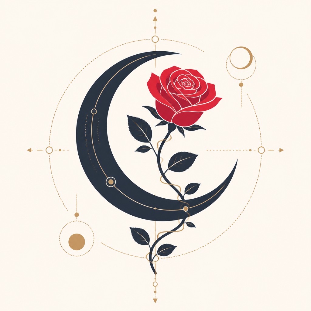 a rose entwined with a crescent moon, clean balanced composition on a plain background, no text
