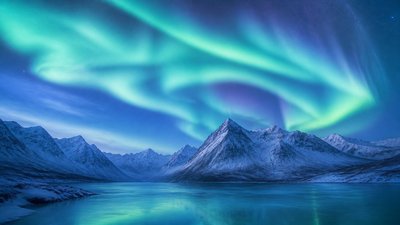 a flowing aurora over snowy peaks, wide sweeping composition, no people, no text