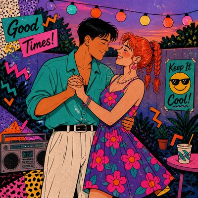 an original couple dancing under string lights in a garden at dusk: a man with short black hair in a linen shirt and a woman with braided red hair in a summer dress