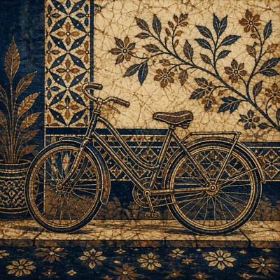 bicyle resting against a wall — Batik Art Style