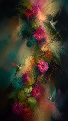a climbing vine of flowers and hummingbirds on a dark background, tall wrapping composition, no text