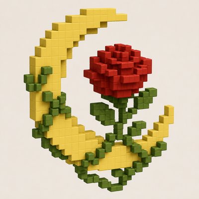 a rose entwined with a crescent moon, clean balanced composition on a plain background, no text