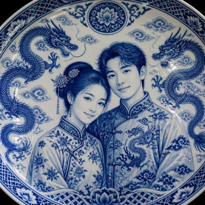 portrait of two people together — Ming Porcelain Art Style