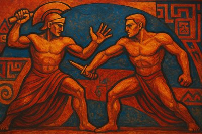 a painting of two men fighting each other