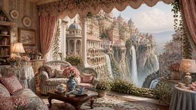 a cliffside city with waterfalls cascading into a misty canyon, wide establishing shot, no people, no text