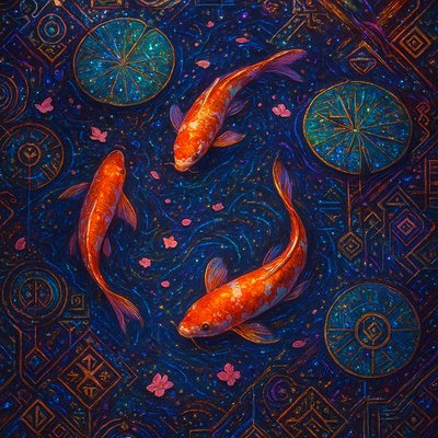 A koi pond seen from above, orange and white koi fish swimming among lily pads, clear water with subtle ripples, fallen cherry blossom petals floating on the surface, dappled sunlight