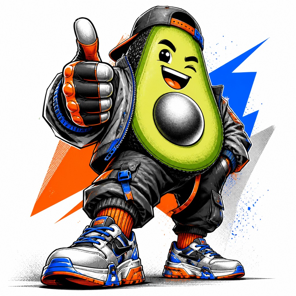 a happy avocado character giving a thumbs up, bold readable design on a plain background, no text
